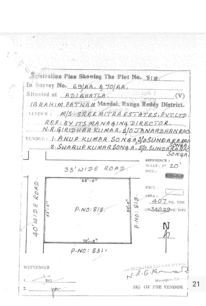 400 SQ.YD NORTH WEST CORNER PLOT - READY TO BUILD HOSTEL IN SRI MITRA LAYOUT -OPP.TCS ADIBATLA